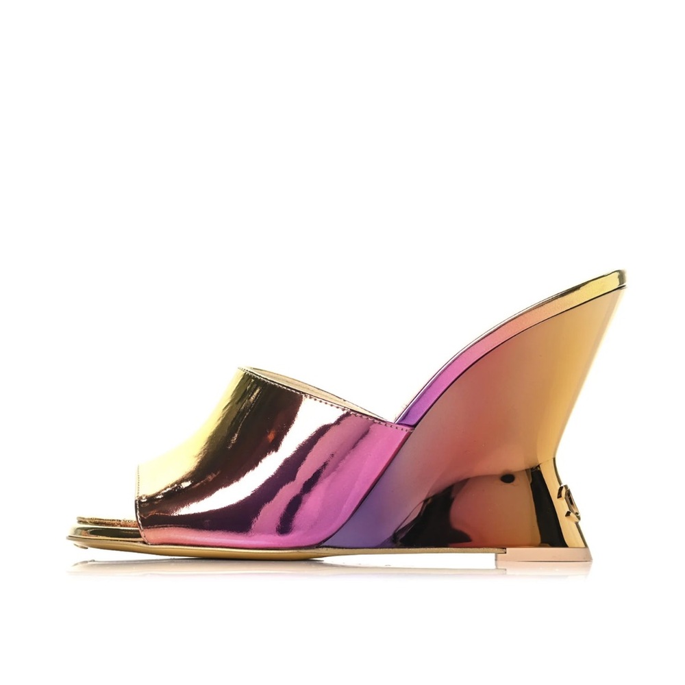 CHANEL Laminated Calfskin Wedge Mules 37.5 Pink Orange Yellow Multicolor CC logo - Picture 2 of 13